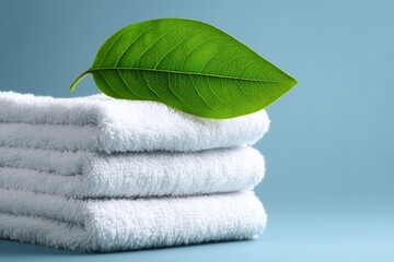 Stack of white towels with green leaf on top.