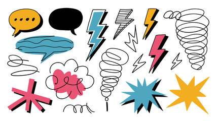 Hand drawn speech bubbles and explosion icons representing communication ideas dialogue conversation thoughts and strong impact elements