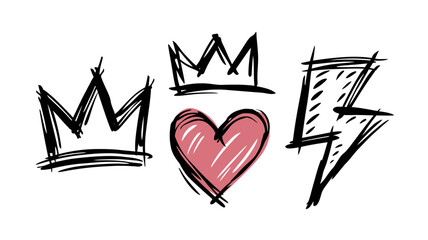Simple sketched icons of a royal crown a pink heart and a jagged lightning bolt symbol representing love royalty and power