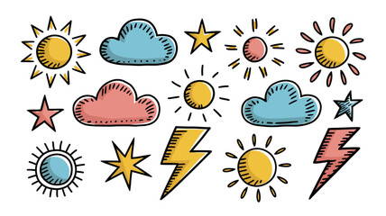 Collection of hand drawn sun cloud star lightning bolt doodles symbolizing weather and sky elements in a playful artistic style