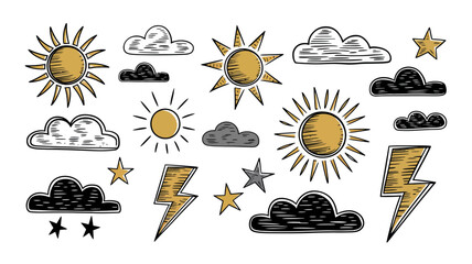 Various weather elements including suns clouds stars and lightning bolts hand drawn sketch style illustration for forecasting and meteorology