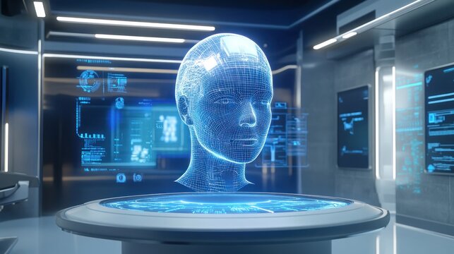 Holographic AI Head in Futuristic Lab