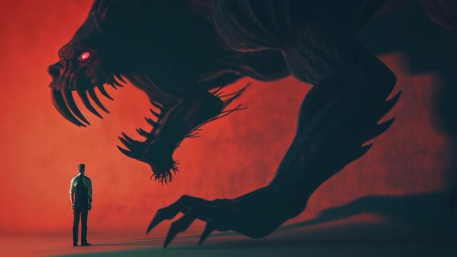 A person standing in front of a massive creature