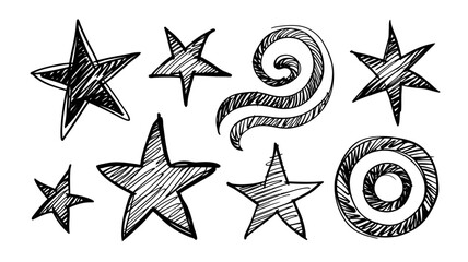 Collection of hand drawn star symbols doodle art elements celebrating achievement success achievement inspiration and creativity for design projects