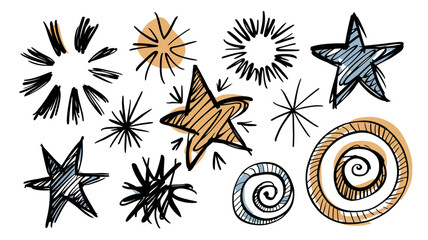Hand drawn starbursts doodles and swirls in various sizes and colors representing celebration sparkle creativity and fun artistic elements