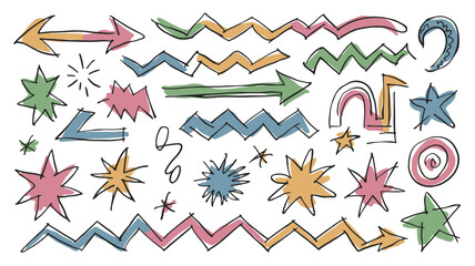 A collection of hand drawn colorful graphic elements including arrows stars zigzags and abstract shapes for design and decoration