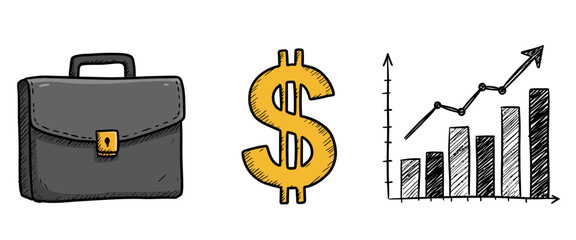 Briefcase dollar sign and upward trending bar graph representing business growth financial success and investment progress