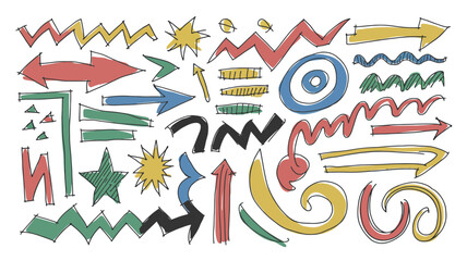 Collection of hand drawn colorful sketchy arrows stars zigzags swirls and abstract doodle elements for design and illustration purposes