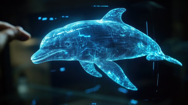 Holographic dolphin projection; hand interacting with digital marine life; futuristic interior; technology background - Powered by Adobe