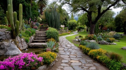 Serene garden path with vibrant flowers and lush greenery in sunlit park
