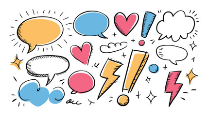 Collection of hand drawn speech bubbles thought clouds hearts lightning bolts and exclamation points in various colors and styles perfect for creative projects