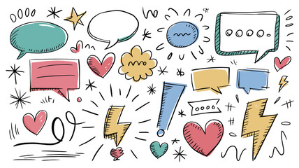Collection of hand drawn doodle speech bubbles hearts and lightning bolts symbolizing communication ideas thoughts and emotions
