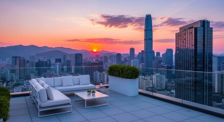Luxury Rooftop Terrace with City Skyline at Sunset