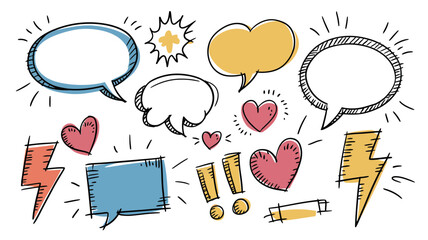 A collection of hand-drawn speech bubbles hearts lightning bolts and exclamation points representing communication ideas and expressions for design