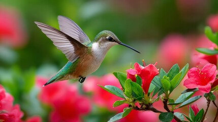 Fototapeta premium Hummingbird hovering near vibrant pink flowers in a lush garden