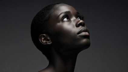 A woman with short hair looks upward, showcasing her radiant skin and natural beauty. Strong lighting highlights her features and expression, creating an inspiring atmosphere