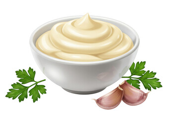 Creamy mayonnaise in a bowl with fresh parsley and garlic cloves delicious condiment
