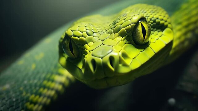 closeup portrait of green snake at nature, reptile animal 4k