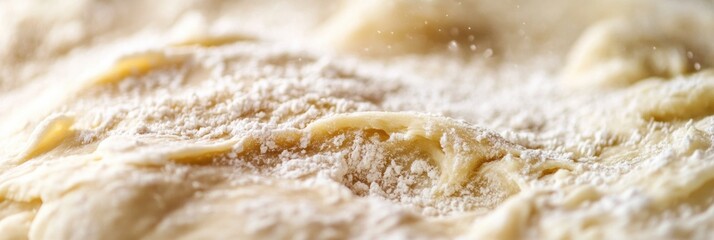 Obraz premium Dough resting covered in flour on a wooden surface, highlighting the preparation for baking at a cozy kitchen during early morning hours