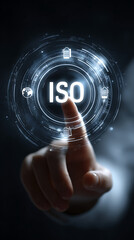 Finger touching a digital interface displaying ISO text and a globe with illuminated circular patterns