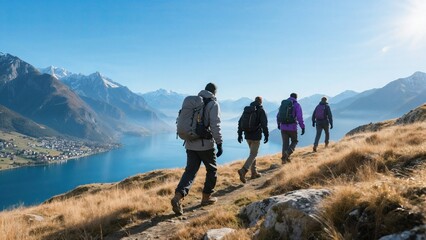 Group of hikers walking along a mountain trail with a panoramic view of lake and peaks emphasizing the spirit of outdoor exploration.