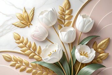 AI generated image of 3D luxury white tulips with golden leaves on pink and white background