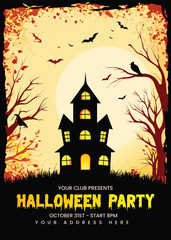 Spooky haunted house with bats and bare trees on a full moon halloween night