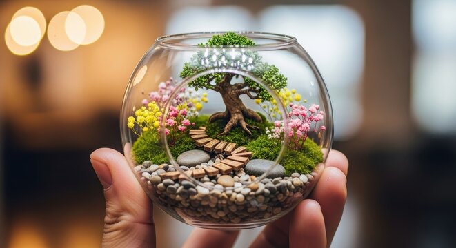Miniature Terrarium with Bonsai Tree and Flowers, Held in Hand - Powered by Adobe