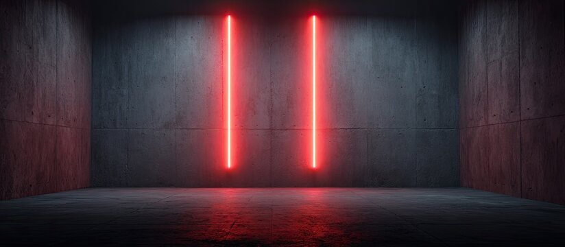 Empty concrete room with vibrant red neon lighting