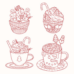 Collection of Christmas drinks and cupcakes with holiday decorations, vector art