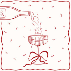 Red line glass with bow and bottle, vector art