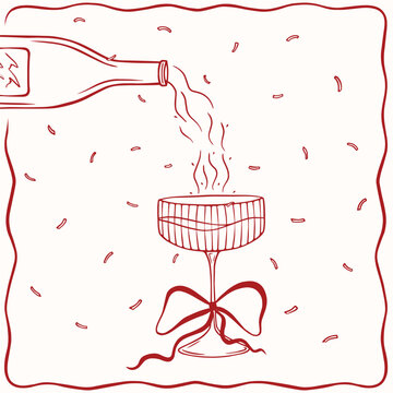 Red line glass with bow and bottle, vector art