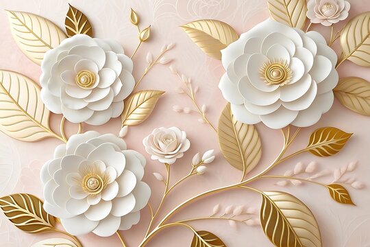 AI generated image of 3D luxury white camellias with golden leaves on pink and white background