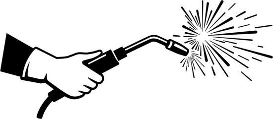 Hand holding welding torch with sparks in black and white on white background