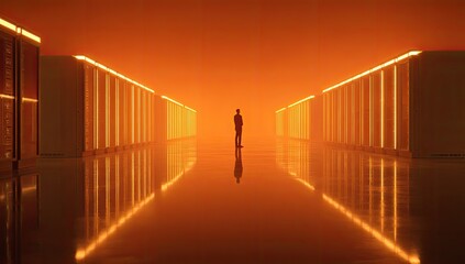 Silhouette figure in a server room