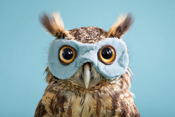 Obraz premium Owl wearing a blue sleep mask against a soft blue background