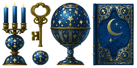 mystical blue and gold element set isolated on white background, png, ai generated.