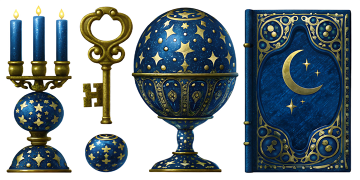 mystical blue and gold element set isolated on white background, png, ai generated.