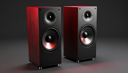 Two red wooden speakers on a dark gray background