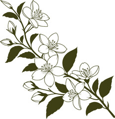 Beautiful floral branch with blossoms and green leaves, elegant botanical line art illustration perfect for tattoo, wallpaper, textile, decoration, stationery, and natural floral artwork.