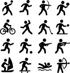 Set of sports silhouette icons featuring running, cycling, archery, swimming, football, basketball, and fitness activities. Perfect for apps, infographics, and design projects.