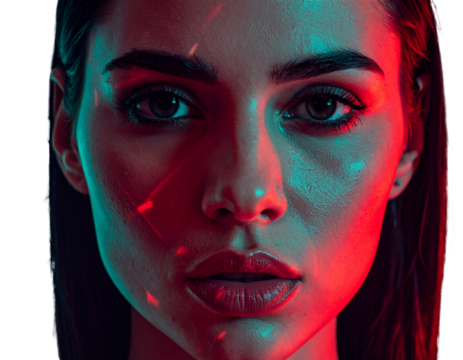  Brunette Hair Fashion Model Portrait in Vivid Neon Studio Lighting, Artistic Composition