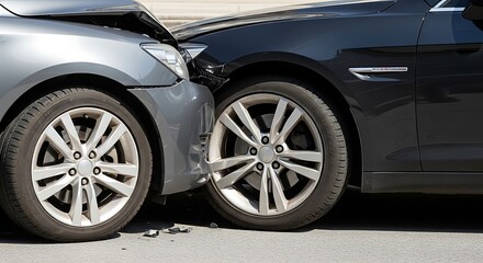 Close up of car crash with damaged vehicles on road