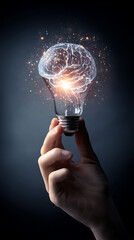 Hand holding a glowing lightbulb with a luminous brain inside and sparkling particles against a dark background