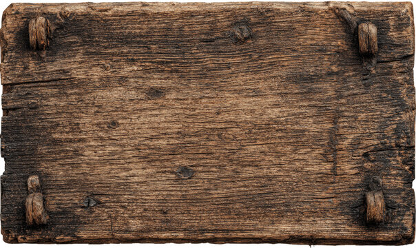 Close-up of a weathered, rustic wooden plank.  The wood shows a rich, dark brown tone, displaying numerous  fine wood grain lines, and signs of age and wear.