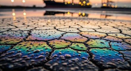 Oil Spill Pollution in Cracked Earth with Shipping Vessels, Environmental Damage Concept