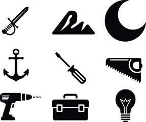 Collection of nine diverse black silhouette icons on a white background