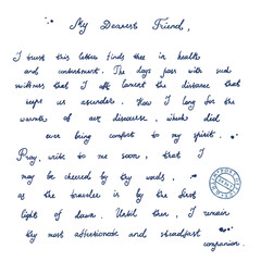 Nostalgic letter written by pen and ink. A neat cursive script with sentimental content in an old-fashioned style. Manuscript perfect for postcard decoration, invitation, vintage mail design.