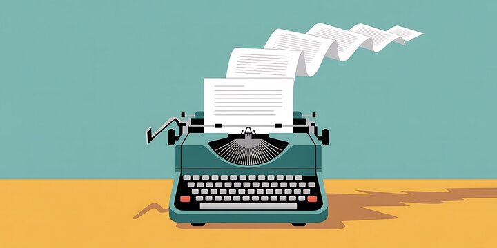 Creative storytelling unfolds with a vintage typewriter producing a flowing cascade of paper documents