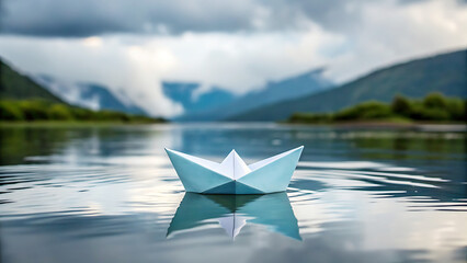 Paper boat floating on lake with mountain view